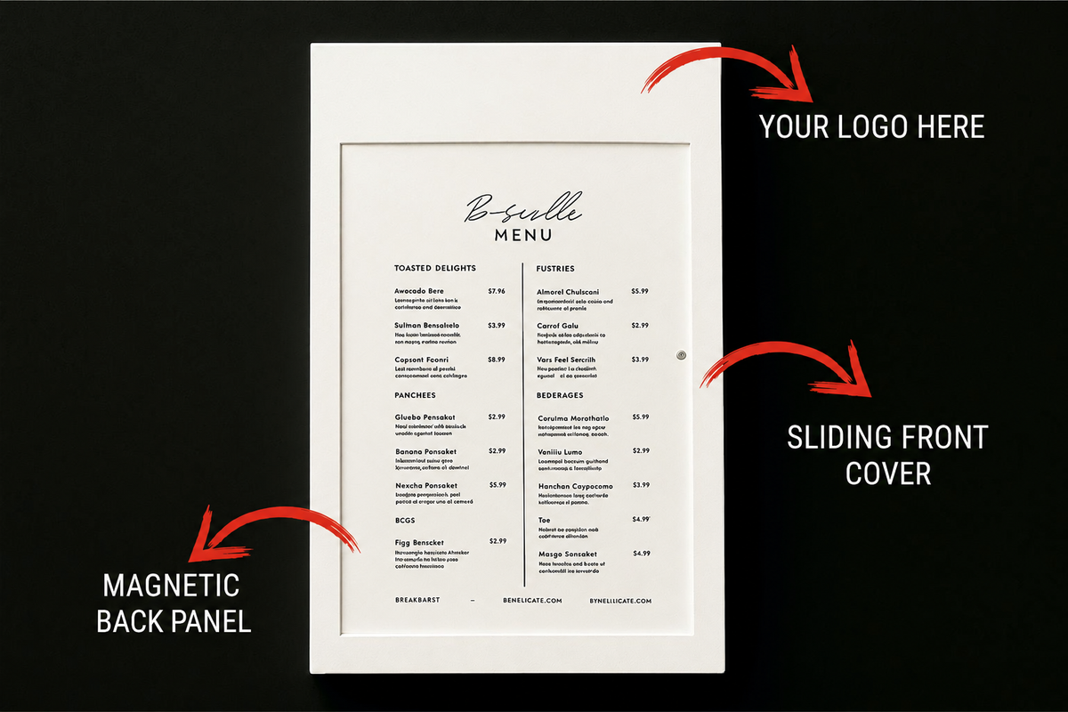 Wall-mounted menu display case with English feature labels