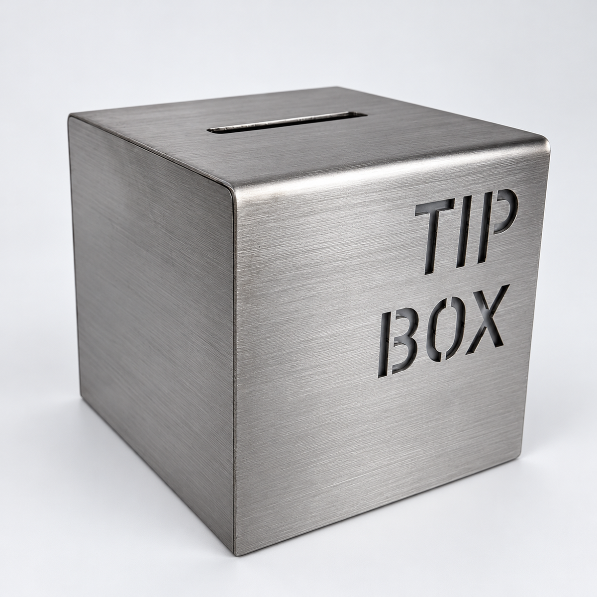 Brushed stainless steel countertop gratuity box with TIP BOX lettering