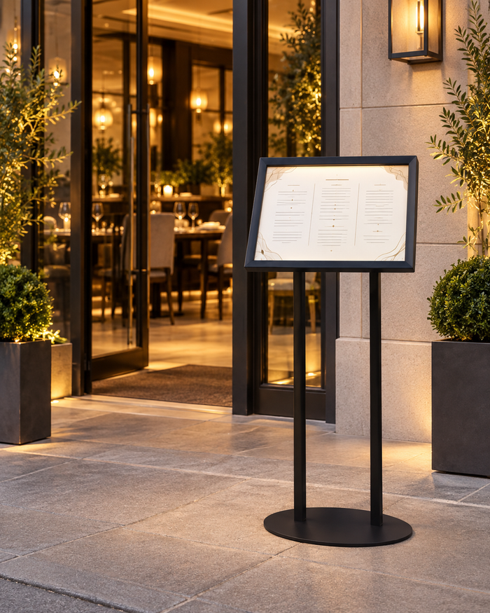Illuminated freestanding restaurant menu board at an elegant entrance