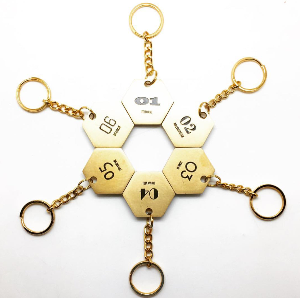 Brass Hotel Room Keychain – Hexagonal Metal Keychain with Custom Text & Numbering - Otimsan Shop
