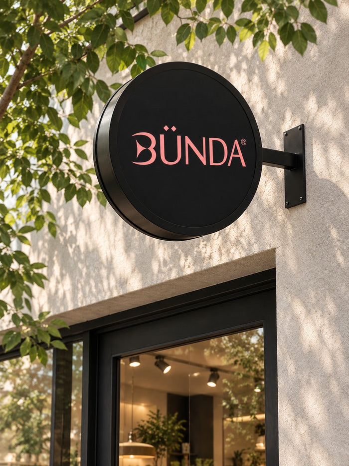LED projecting blade sign installed above a storefront with BÜNDA logo
