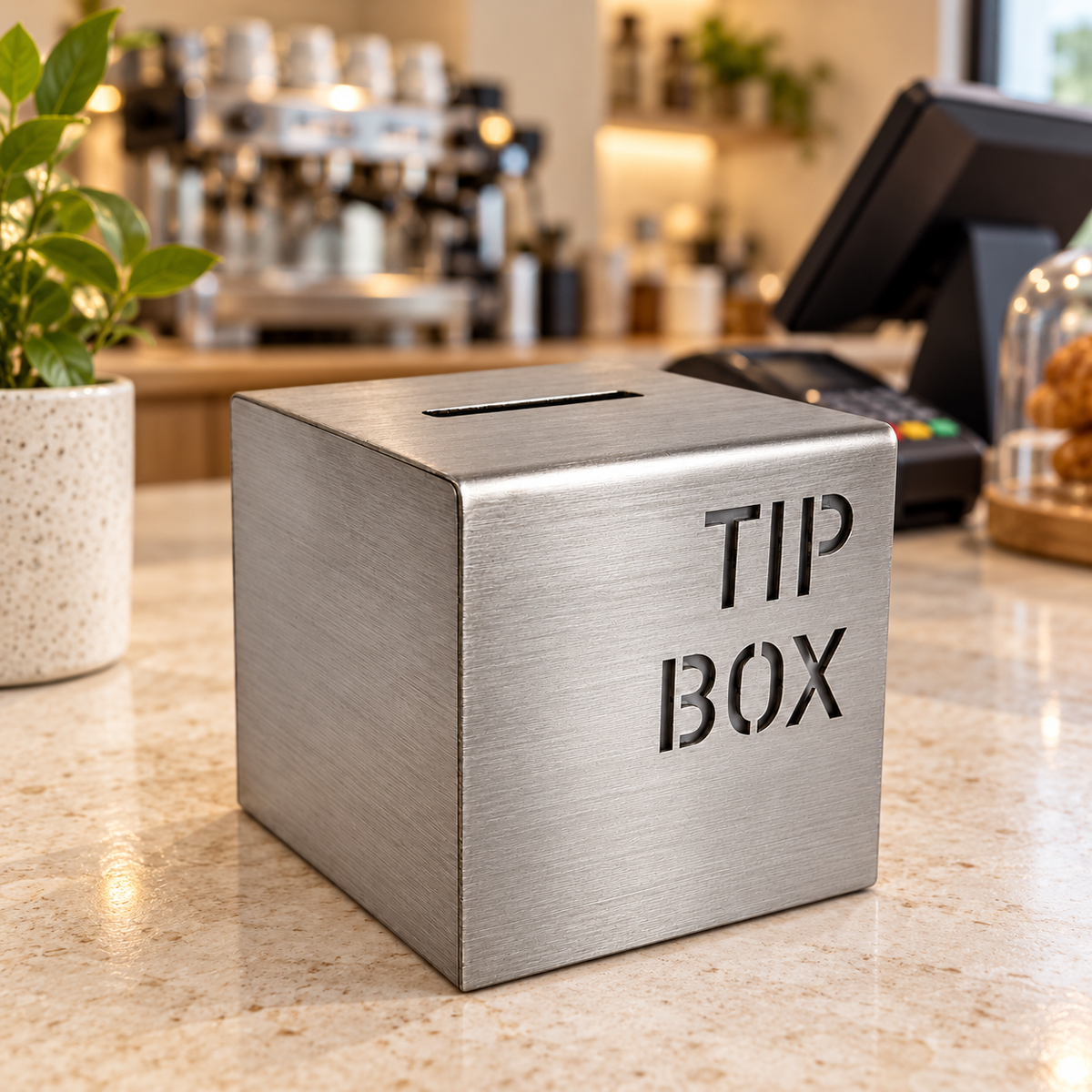 Locking stainless steel tip box on a café checkout counter
