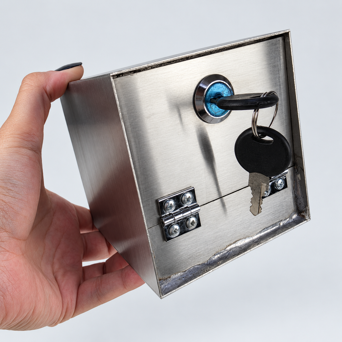 Key lock and hinged bottom door detail on stainless steel tip box