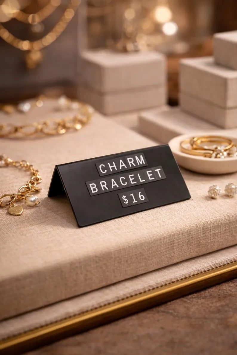 Magnetic countertop price sign with changeable letters for boutique jewelry