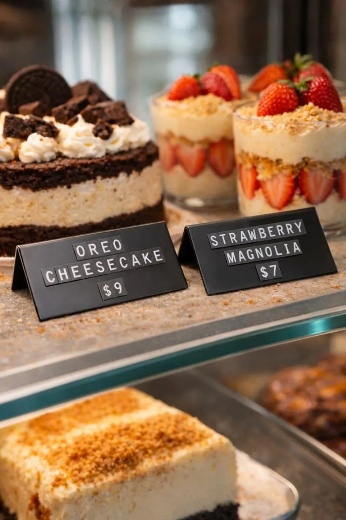 Magnetic price signs with changeable letters on a dessert counter