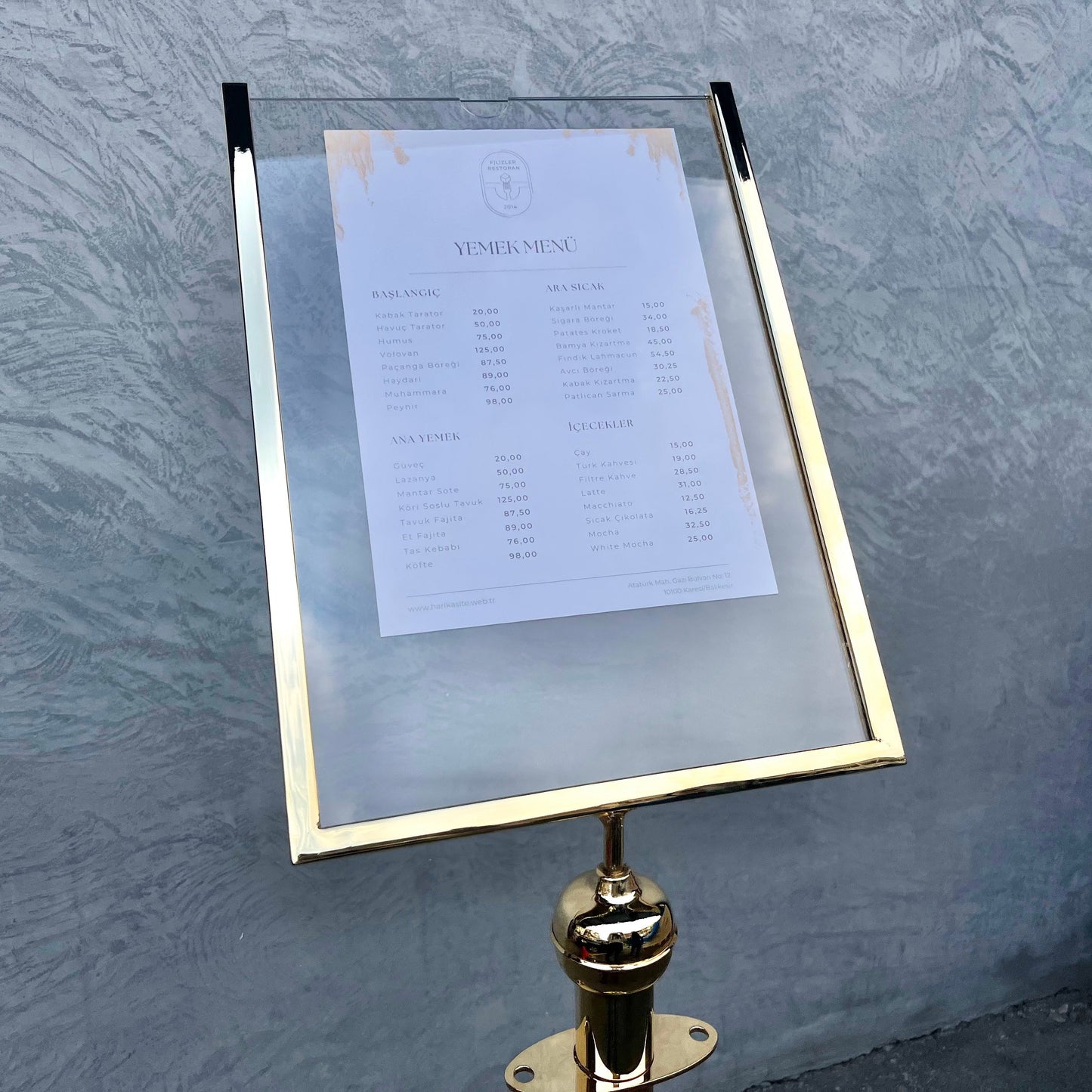 Brass-Plated Freestanding Menu Stand | Information, Direction & Welcome Board for Restaurants and Hotels - Otimsan Shop