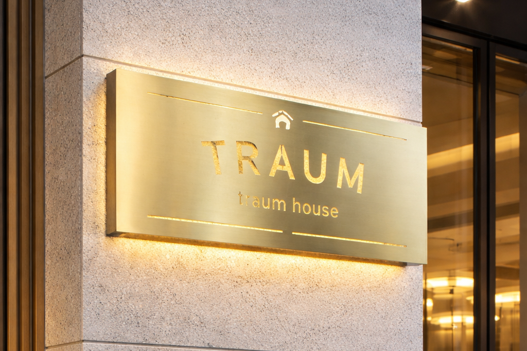 Illuminated Brass Cut-Out Box Entrance Sign | Custom Outdoor Metal Facade Signage - Otimsan Shop