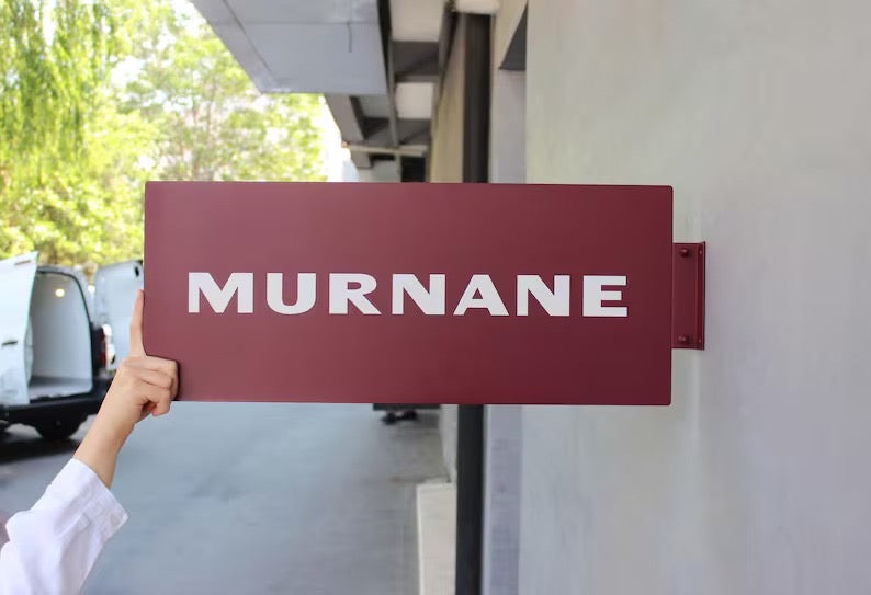 Burgundy custom rectangular blade sign with white logo